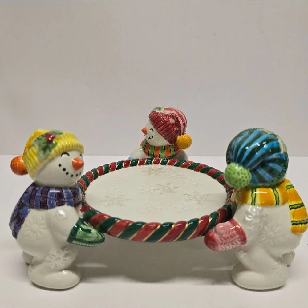 Fitz & Floyd Frosty Folks Snowmans Pillar Candle Holder Christmas Collectible